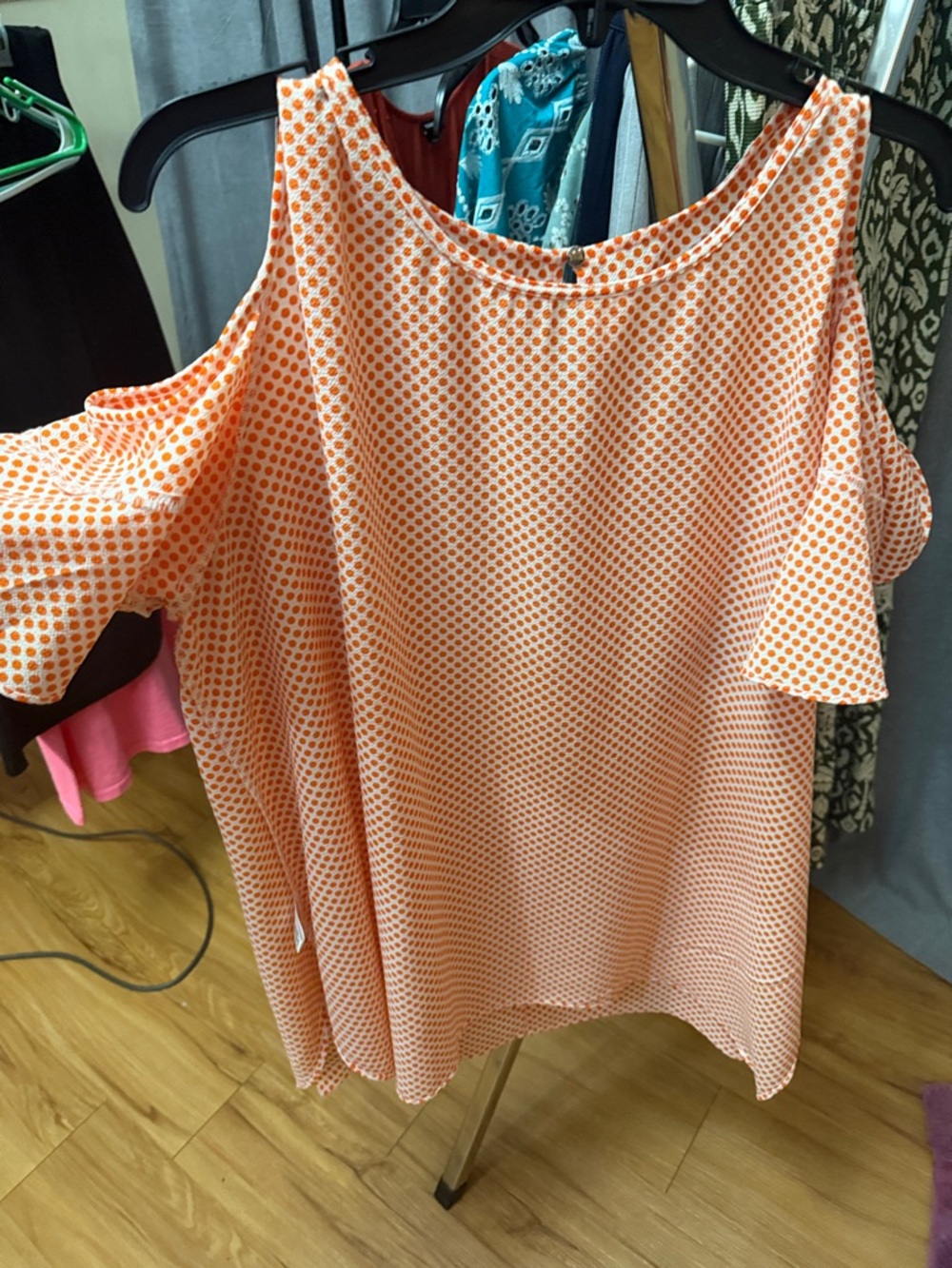 Cato Orange and White Cold-Shoulder Dot Tunic